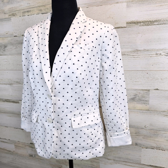 Talbots Linen & Cotton Polka Dot Blazer 6P White Navy Preppy Light Academia Chic - Picture 8 of 16